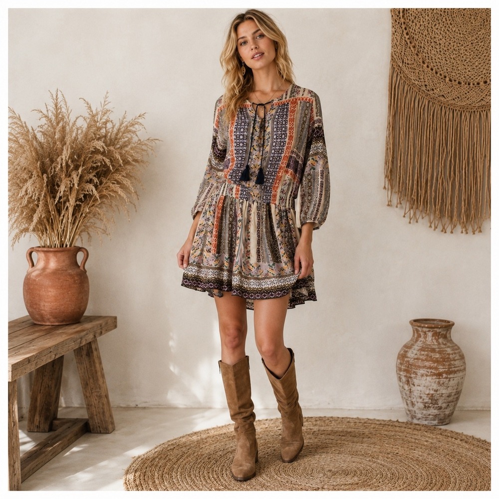 Sundance Boho Patchwork Mini Dress Womens Size XL Multi Color Tassel Modal